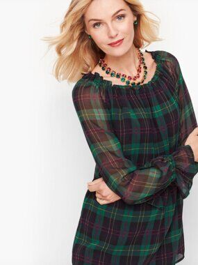 Talbots Tartan Popover Ruffle Sleeve Holiday Festive Sheer Party Preppy Sz 1XP